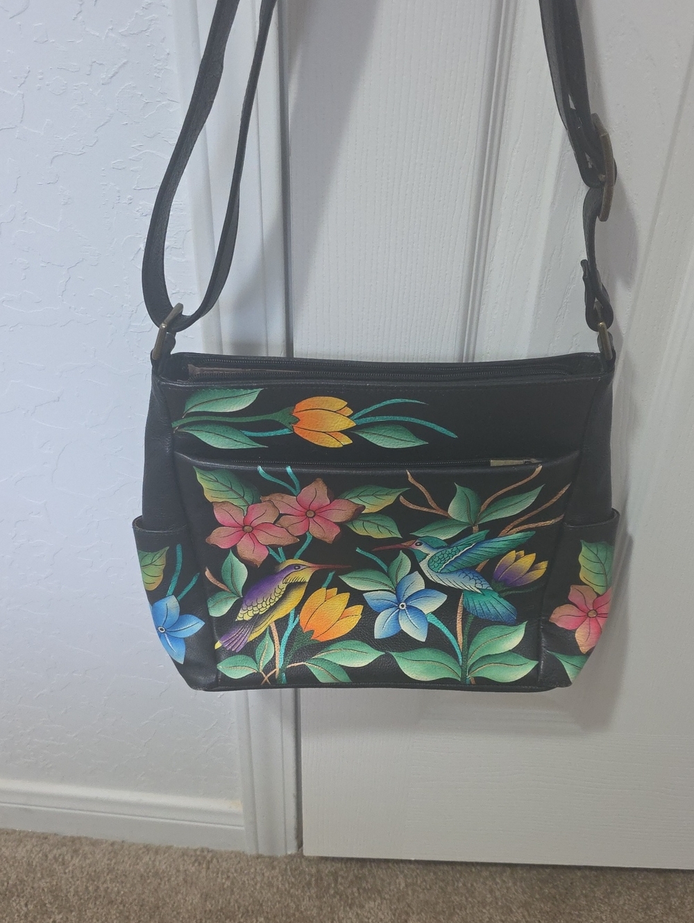 Anuschka Black Hand-Painted Floral & Hummingbird Crossbody